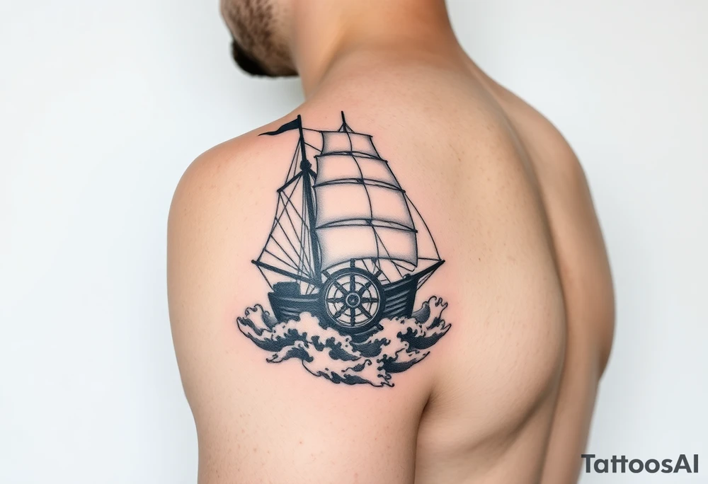 Forearm tattoo: an old sail boat surrounded by big waves and then on the wrist it will be the steering wheel of the boat but the inside will be a compass tattoo idea