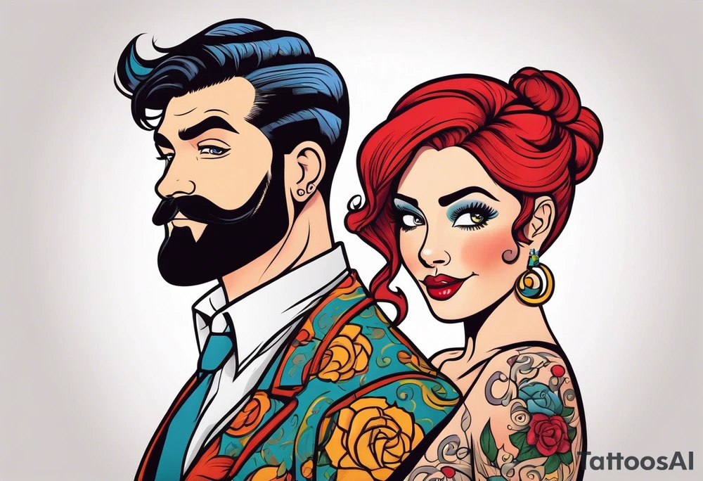 Busty Red haired woman with black haired bearded man tattoo idea