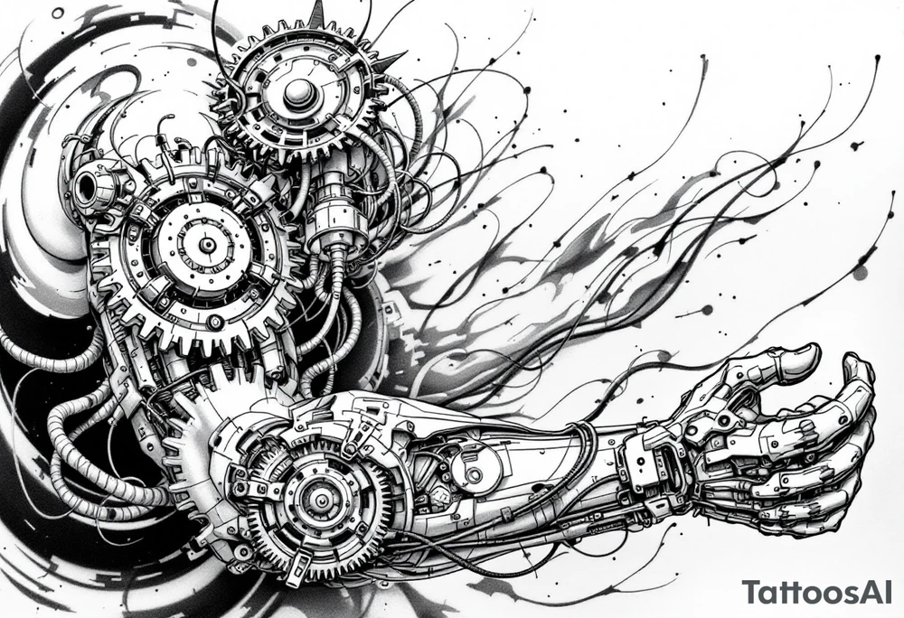 This biomechanical tattoo design creates the illusion of mechanical parts under the skin. It features gears, pistons, and wires, giving the arm a cybernetic look. Realistic shading enhances the fusion of flesh and machine tattoo idea