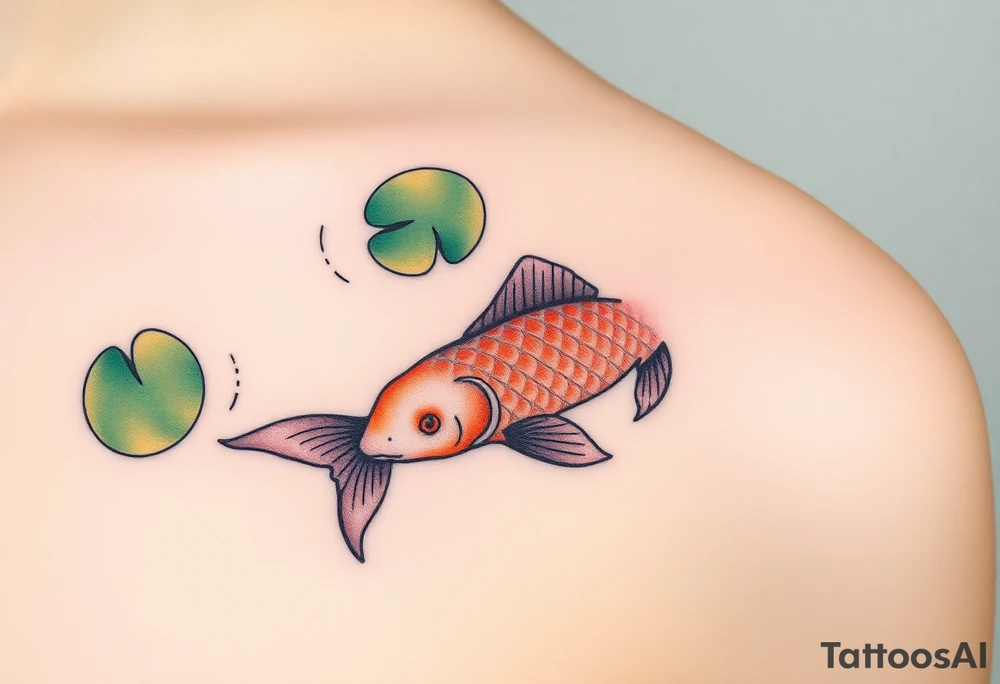 A carp swimming under lily pads, with gentle ripples in the water and a mix of muted greens and golden browns tattoo idea