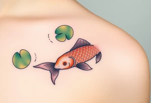 A carp swimming under lily pads, with gentle ripples in the water and a mix of muted greens and golden browns tattoo idea