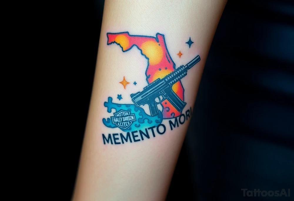 colorful futuristic memory tattoo for passed boyfriend; Florida, gulf coast water, Harley Davidson, skateboarding, puzzle pieces, video games, heaven, god, outdoors, guns, disc golf, words "MEMENTO MORI" tattoo idea