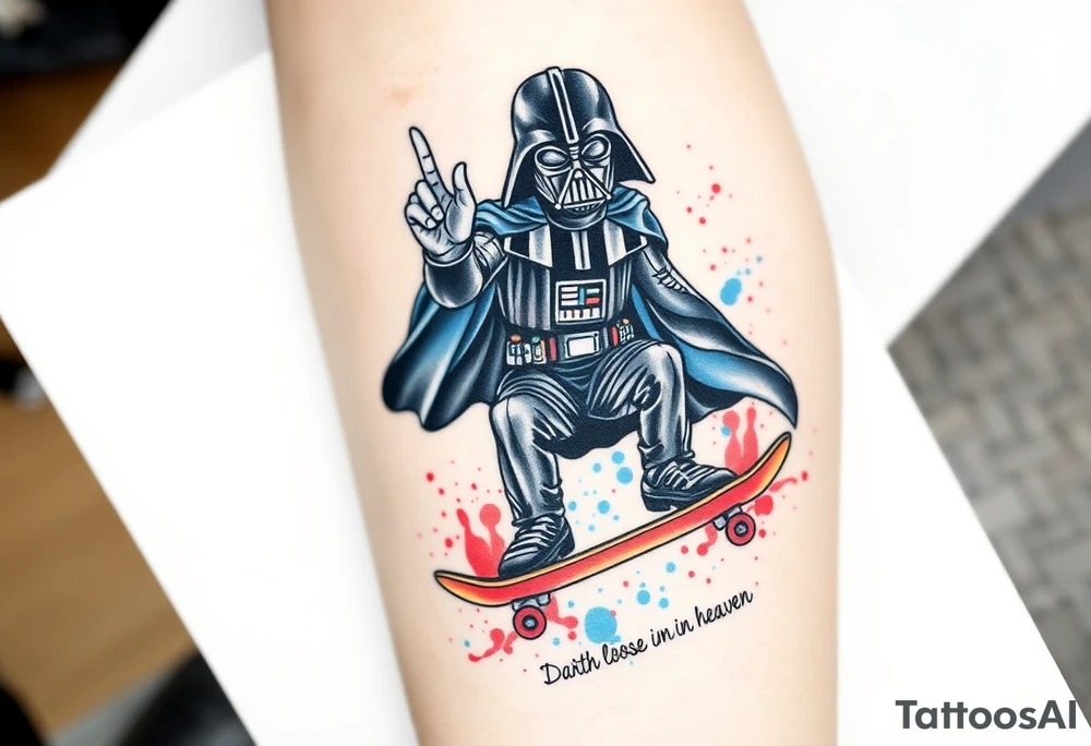 MEMORY TATTOO
Darth Vader skateboarding with hand signal hang loose in heaven, outdoors, bullets, star wars>blue and red 
"Darth Carter"
12/29/88-01/06/24 tattoo idea