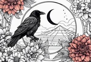 Perched crow surrounded by dahlia flowers with a moon in the background tattoo idea