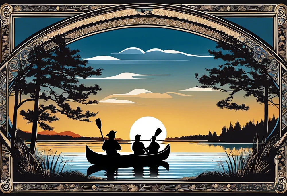 The tattoo design depicts a serene nature scene, framed within a semi-circular border. In the foreground, there are two people sitting in a canoe on a calm lake. They are paddling towards the horizon, with one person sitting at the back of the canoe and the other at the front. The back view of the people suggests a peaceful and contemplative moment shared between them.

In the background, there are majestic mountains with peaks covered in snow, creating a dramatic and picturesque landscape. The mountains are flanked by tall pine trees on either side, adding to the wilderness feel of the scene. Above the mountains, a large sun is either rising or setting, casting a tranquil glow over the entire scene. Birds are flying in the sky, adding to the sense of freedom and natural beauty.

The entire scene is rendered in a minimalist, black and white, line-drawing style, giving it a clean and elegant appearance. The semi-circular frame around the design focuses attention on the central elements and adds a sense of completeness to the image. black and white tattoo idea