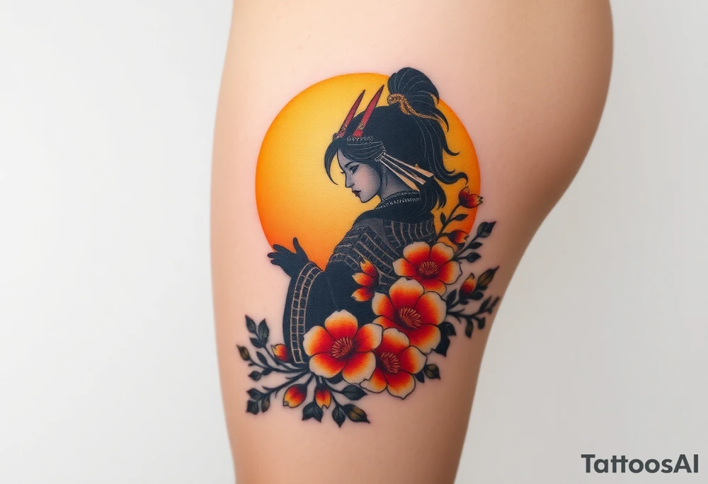 noble female samurai warrior silhouette at sunset with flowers, yellows and reds tattoo idea