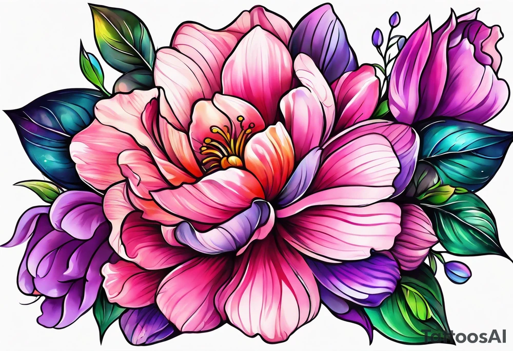 Bright, colorful, lots of pinks and purples flower arm tattoo tattoo idea