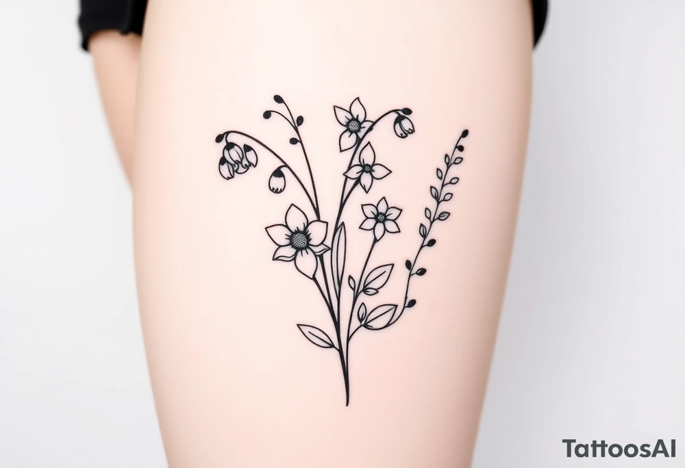Simple small design in black bunch of flowers individual stems 1 lily of the valley 1 daffodil 1 holly vine 1 larkspur tattoo idea