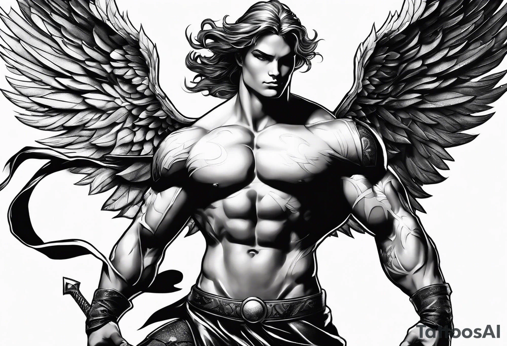 Angel in the pose of a superhero landing tattoo idea