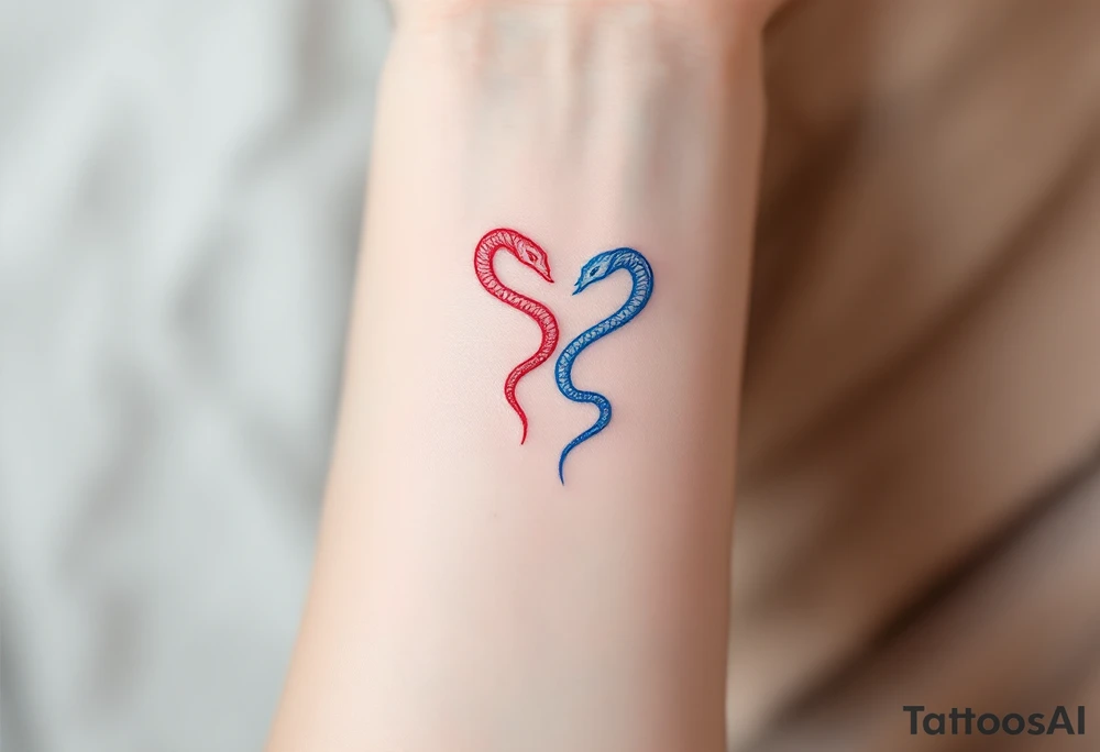 A minimalist twin snake design, one outlined in red and the other in blue, intertwined in a spiral and With word "Gemini" tattoo idea