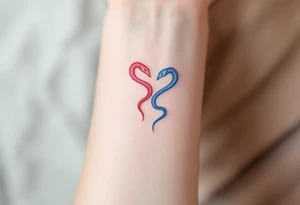 A minimalist twin snake design, one outlined in red and the other in blue, intertwined in a spiral and With word "Gemini" tattoo idea