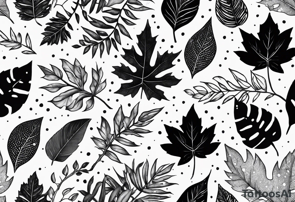 leaves with flow and stippling dots, white background tattoo idea leaves with flow and stippling dots, white background tattoo idea