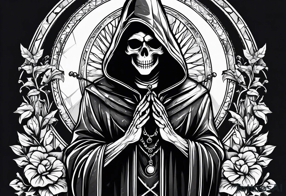 The grim reaper with praying hands and rosary rapped around his hands while he’s standing tattoo idea