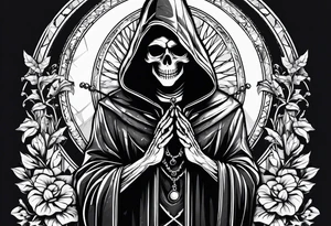 The grim reaper with praying hands and rosary rapped around his hands while he’s standing tattoo idea