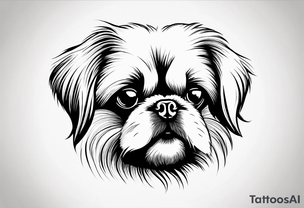 The most minimalist drawing of a pekingese with shih tzu dog's face. He has big eyes and a crooked smile. tattoo idea