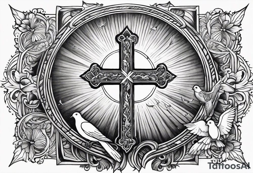 A Cross with doves in the rays of sun with the date 08/21/2024 in Roman numerals in it tattoo idea