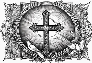 A Cross with doves in the rays of sun with the date 08/21/2024 in Roman numerals in it tattoo idea