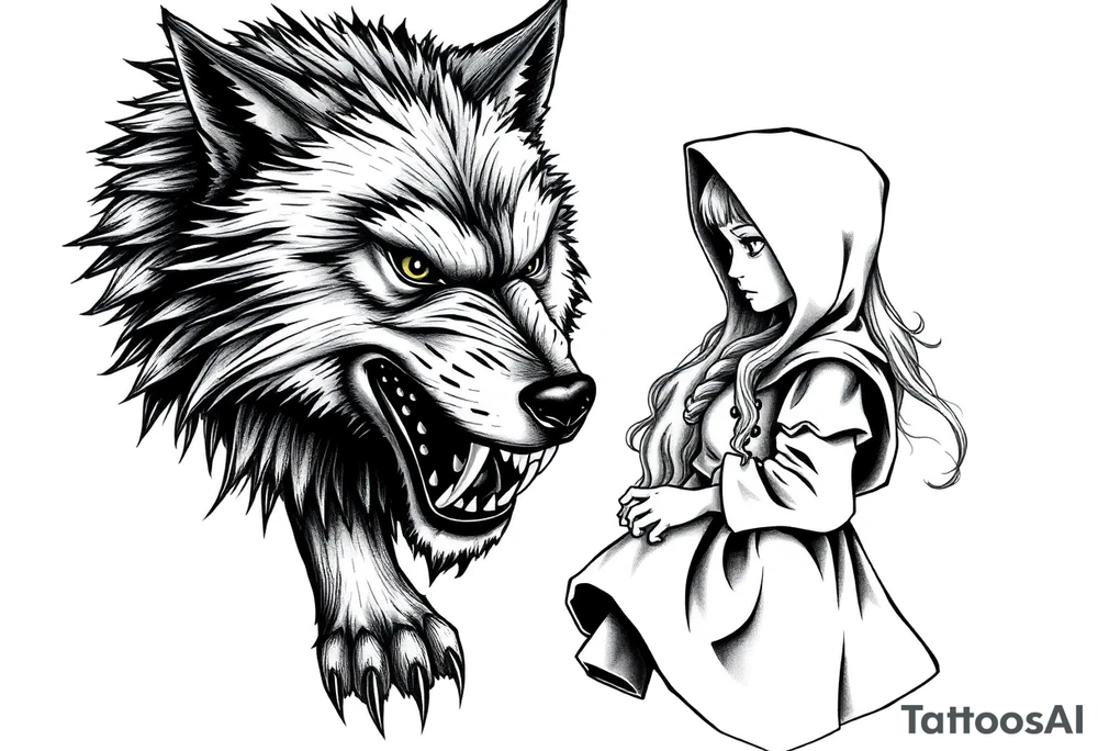 Big bad wolf stalking little red riding hood tattoo idea