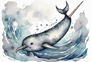 a melancholy watercolor painting of a realistic narwhal swimming in a grey ocean tattoo idea