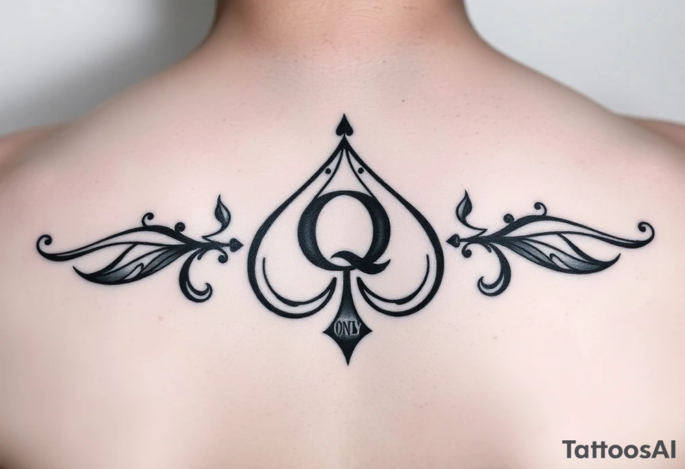 A spade womb tattoo with a Q in the center, with three points around the outside. The first reading, "BLACK". The second reading, "SEED". The third reading, "ONLY". tattoo idea
