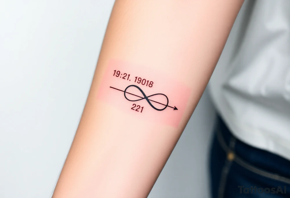 “Quero uma tatuagem no antebraço, simples e pequena. Deve ter a data de nascimento do meu avô escrita em vermelho, seguida de um traço reto e, à frente, o símbolo de infinito em preto. O design deve ser minimalista, com letras elegantes e proporcionais, mantendo um aspeto discreto.” tattoo idea