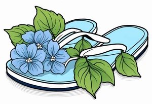 small tattoo of a single pastel blue flip flop surrounded by blue and periwinkle hydrangea flowers with green leaves tattoo idea