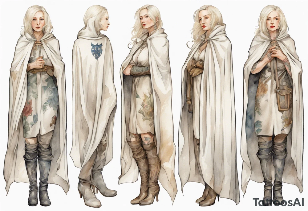platinum blonde woman in her 40s wearing white medieval cloak and boots tattoo idea