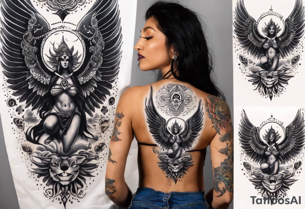 black kali, goddess pirate, alien, angel, pachamama, valkrye, warrior, flying, skull, lotus azul, wing, eagle, zenza resonance, stars, 5D, anahata chakra, death, durga, riding on a tiger, flying lady, kundalini, chest tatoo tattoo idea