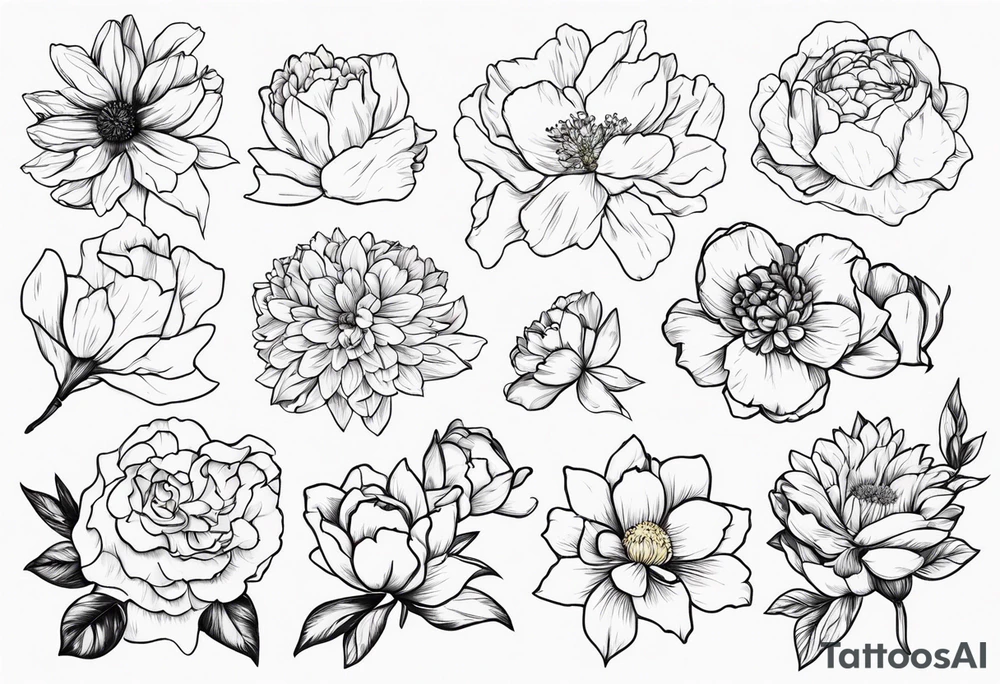 8 flowers bouquet carnation daffodil rose peony daphnee dahlia desiree daisy tattoo idea