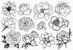 8 flowers bouquet carnation daffodil rose peony daphnee dahlia desiree daisy tattoo idea