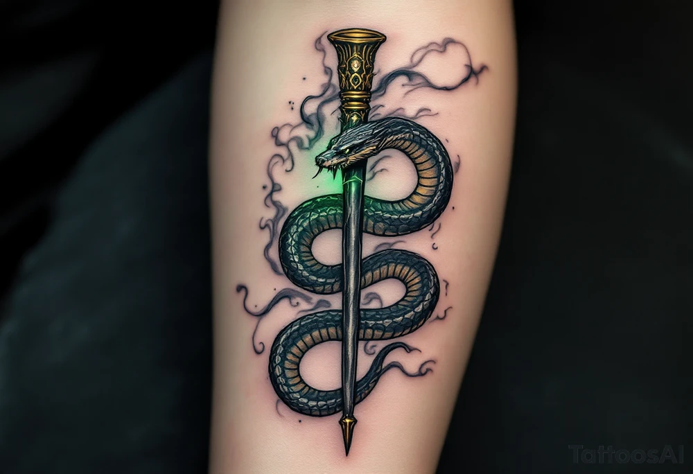 A serpent entwined around a wand, with the snake’s fangs piercing the wand's handle. The wand is glowing faintly with a dark green energy, surrounded by swirling black smoke. Dark green for the magical energy, black for the smoke, and muted gold and silver for the wand details. tattoo idea