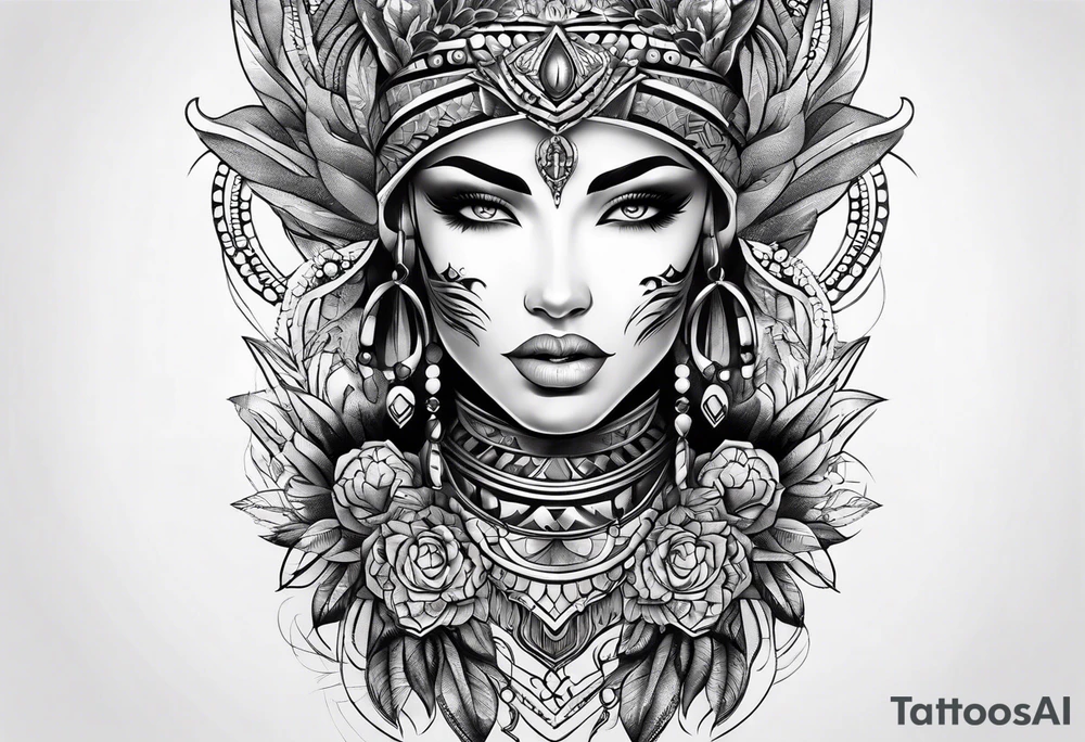 Woman’s thigh tattoo. Face with symbol of fertility and soft warrior tattoo idea