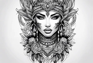 Woman’s thigh tattoo. Face with symbol of fertility and soft warrior tattoo idea