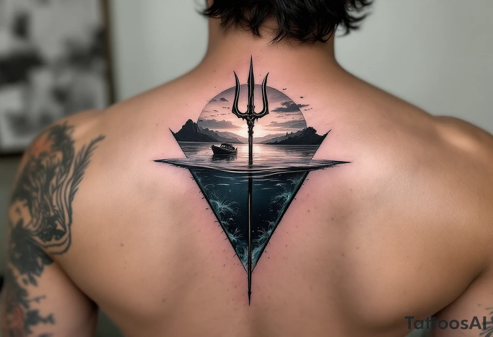 trident half way under calm water with sanger DXII boat and sunset with hidden waldo tattoo idea