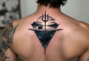 trident half way under calm water with sanger DXII boat and sunset with hidden waldo tattoo idea