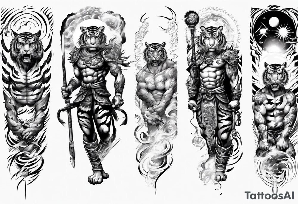 tiger warrior with lightning and the sun for a forearm sleeve tattoo idea