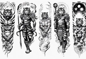 tiger warrior with lightning and the sun for a forearm sleeve tattoo idea