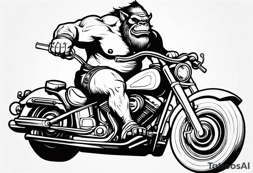 Ogre riding a Harley with ape hanger handlebars tattoo idea