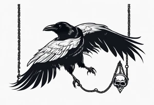 A raven with two skulls hanging from its talons by an old chain tattoo idea