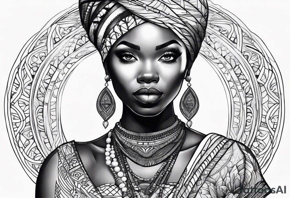 african, women face, arm sleeve tattoo idea