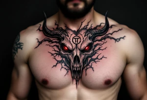 Abstract looking angry taurus skull chest tattoo with red eyes, taurus symbol in between eyes, smoking from the nose tattoo idea