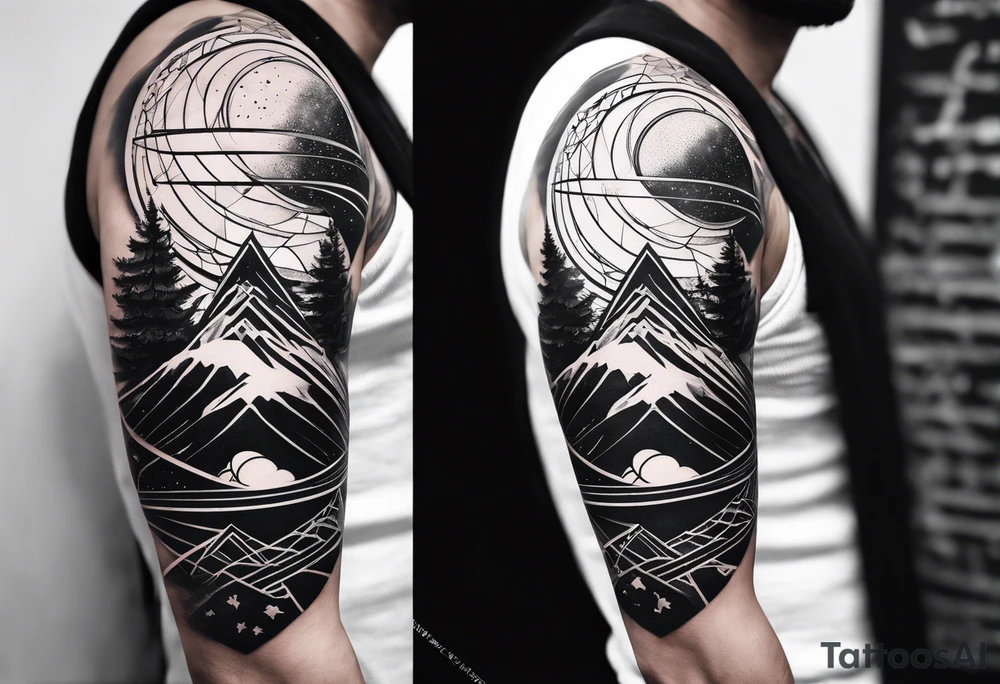 geometric half sleeve tatoo, space, nature tattoo idea