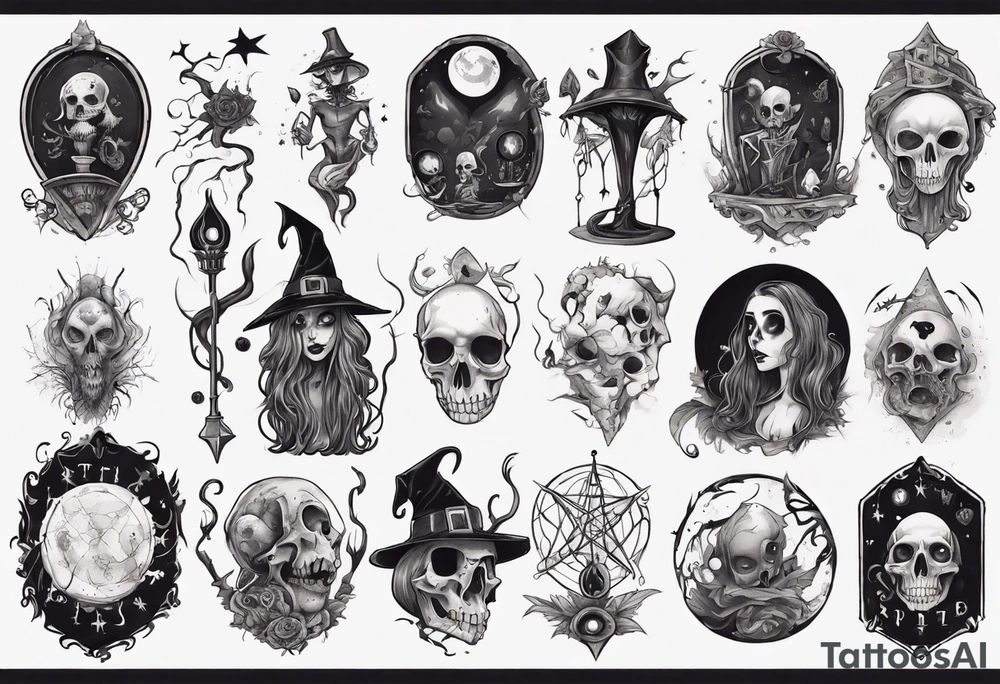 a Tim Burton-style witch necromancer tattoo idea