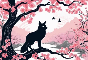 Cherry blossom forest with kitsune silhouette and an owl silhouette tattoo idea