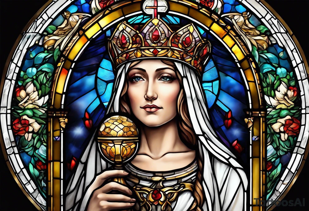 holy saint woman with halo stained glass holding a chalice with artillery tattoo idea