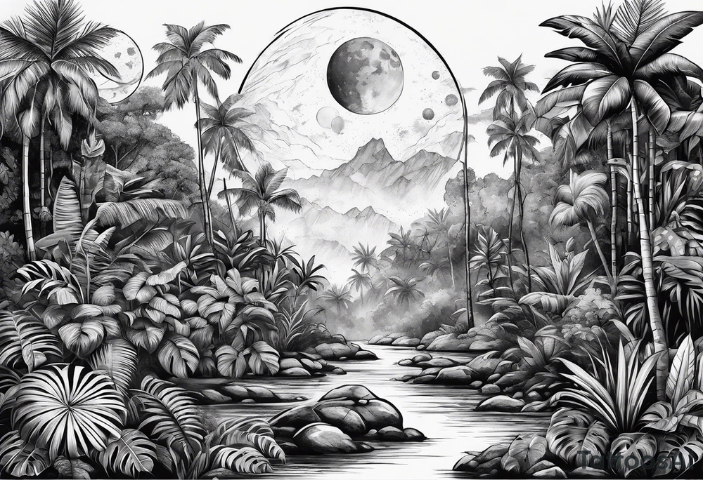 simple jungle, rocket, moon tattoo idea