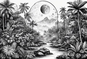 simple jungle, rocket, moon tattoo idea