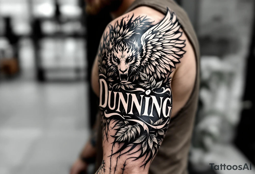 Dunning,on left arm details include angel wing, greek type of font,jungle leaves , tiger claw scratch tattoo idea