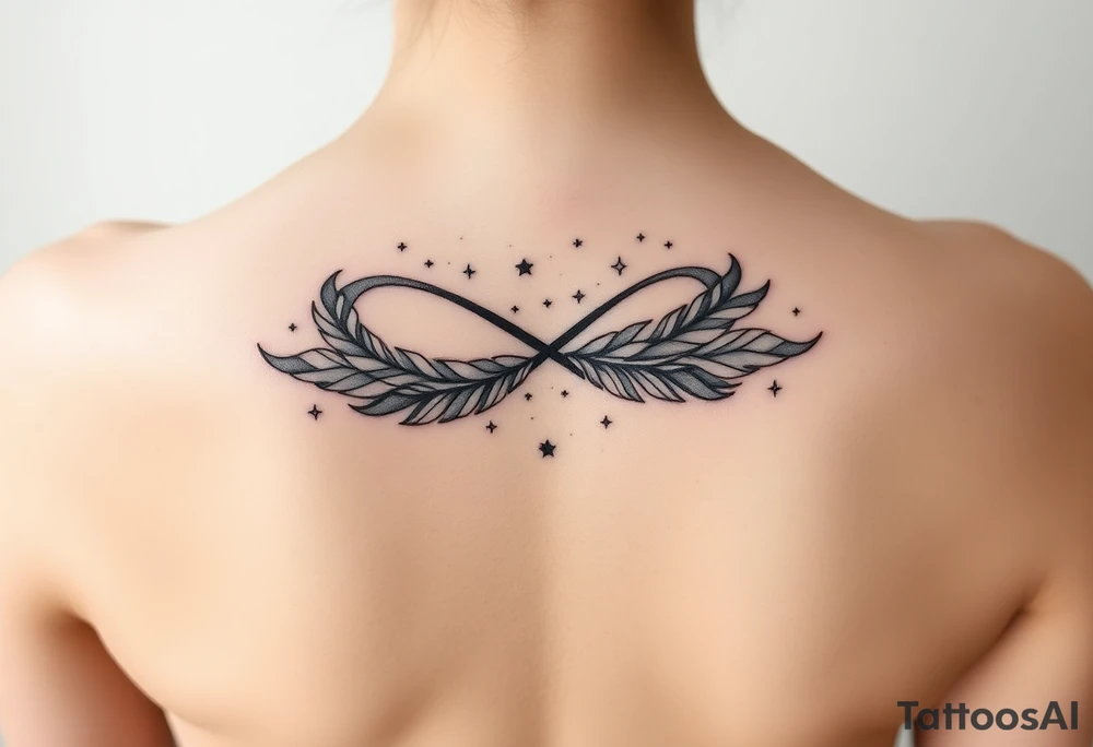 infinity symbol woven with floating feathers and stardust tattoo idea