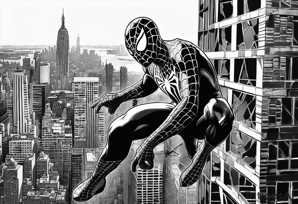 The tattoo shows Spider-Man in a dynamic pose, climbing up a building with webs floating around him. His costume is intricately detailed with the iconic spider patterns, and his white eyes are expressive and vivid. The New York City skyline is depicted in the background, with shadows and details adding depth to the scene. tattoo idea